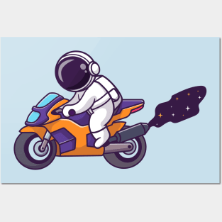 Cute Astronaut Riding Motorcycle Sport In Space Cartoon Posters and Art